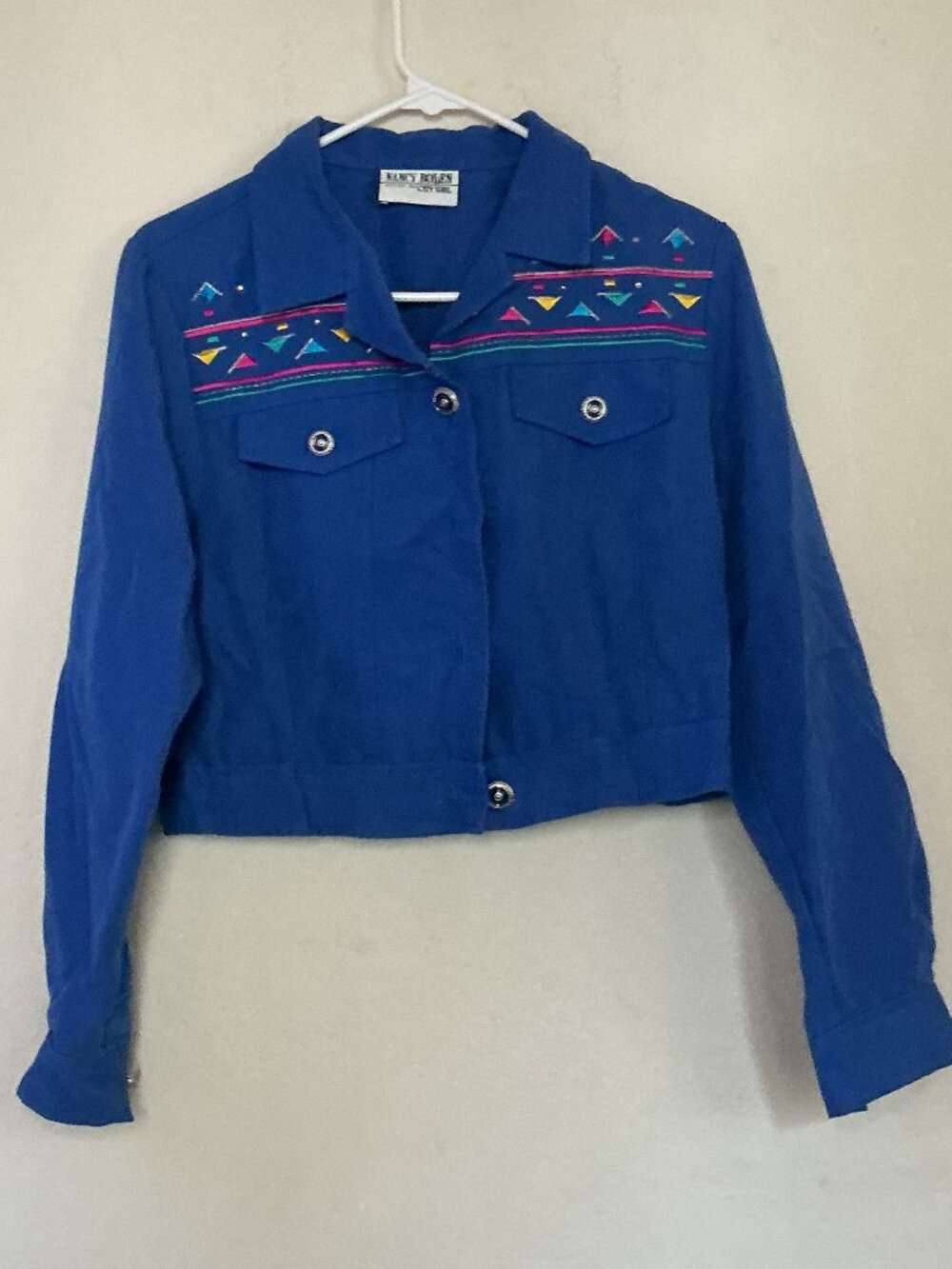 Vintage Nancy Bolen  Royal Blue Embroidered Cropped Jacket